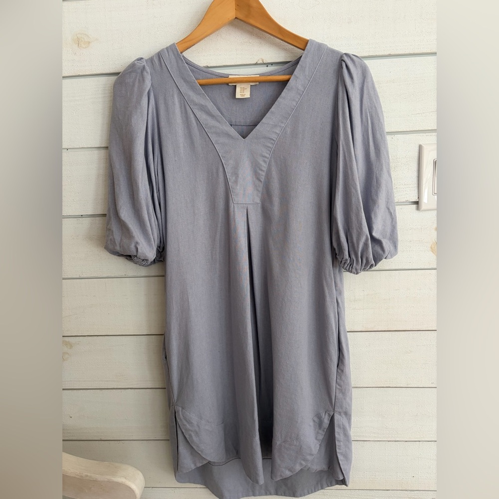 Cynthia Rowley linen blend puff sleeve dress with side pockets powder blue XS